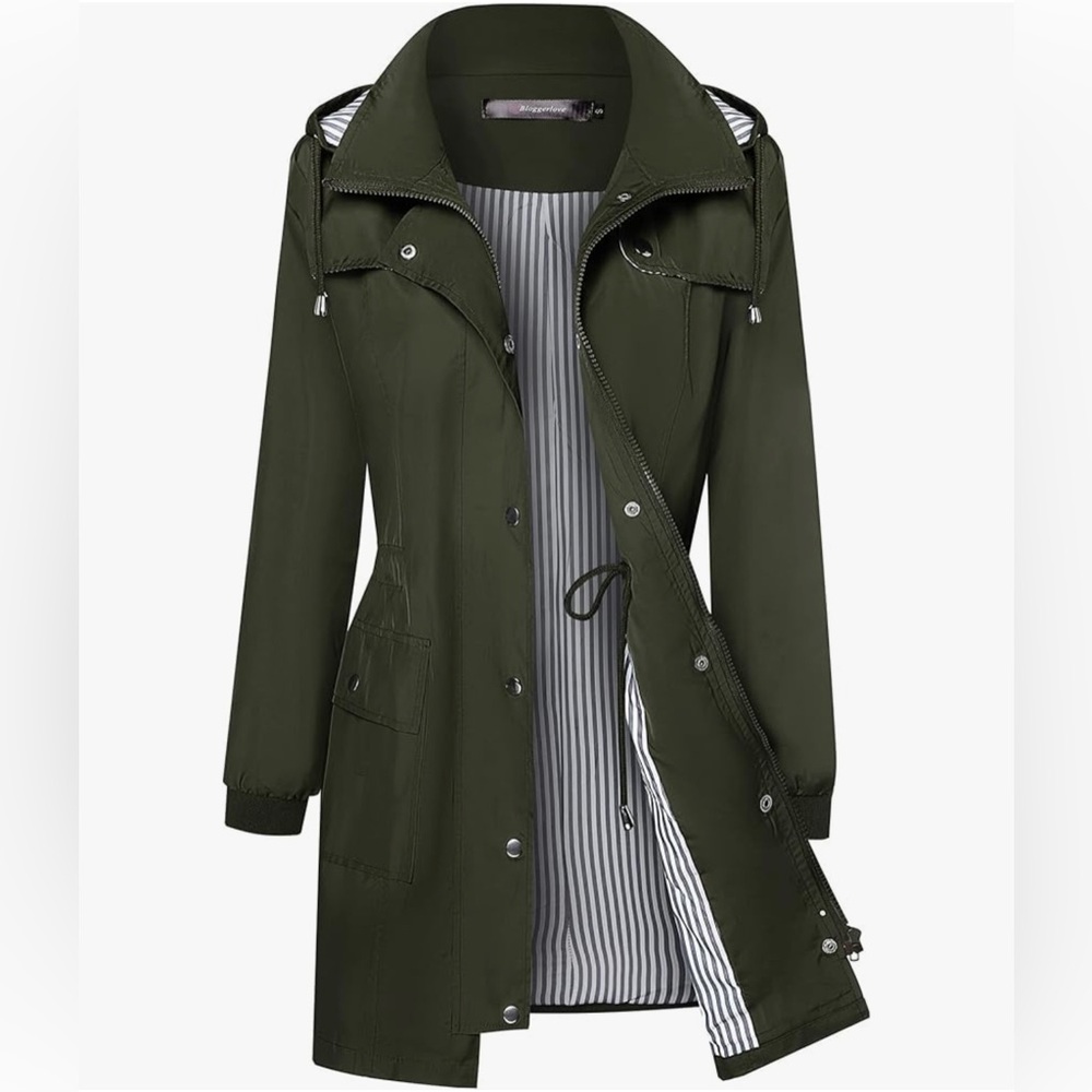 Bloggerlove Olive Green Women's Hooded Waterproof Rain Jacket Size Medium
